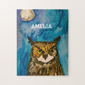 Owl Cute Bird Animal Moon Watercolor Forest Jigsaw