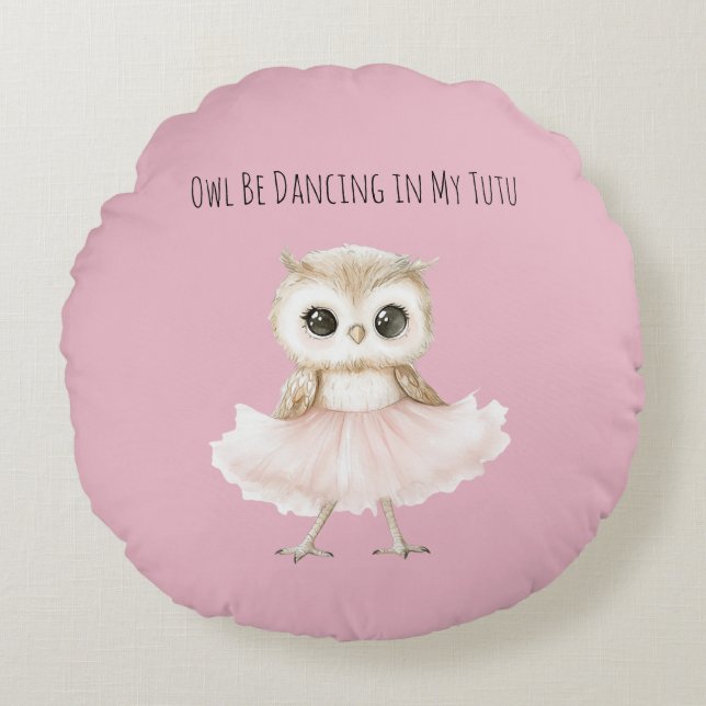 Owl Dancing Pink Tutu Ballerina Round Pillow (Front)