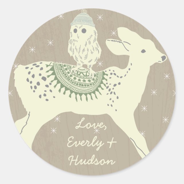 Owl Deer Fawn Knitted Hats and Blankets Stars Too Classic Round Sticker (Front)