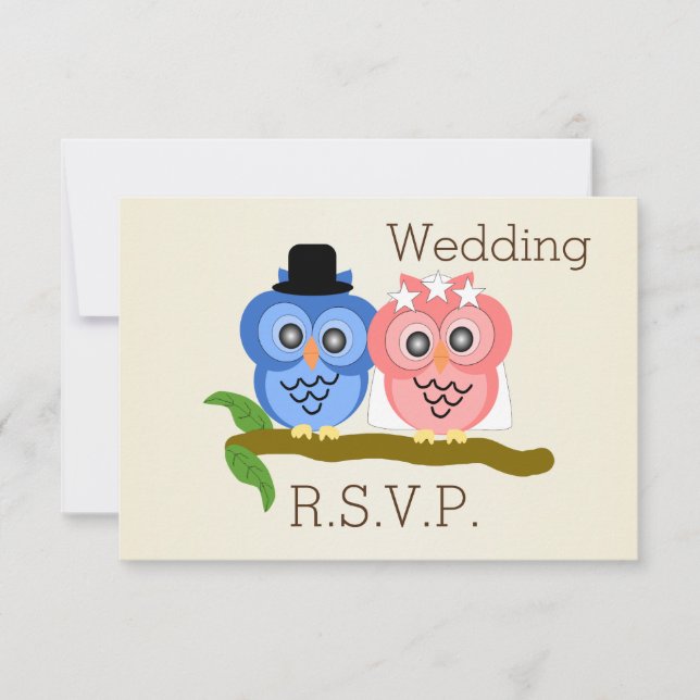Owl Design Champagne Coloured Wedding RSVP Card (Front)
