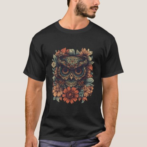 Owl Dia De Los Muertos Floral Sugar Skull T_Shirt