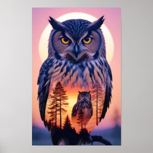 Owl Double Exposure Animal Nature Wilderness Free Poster
