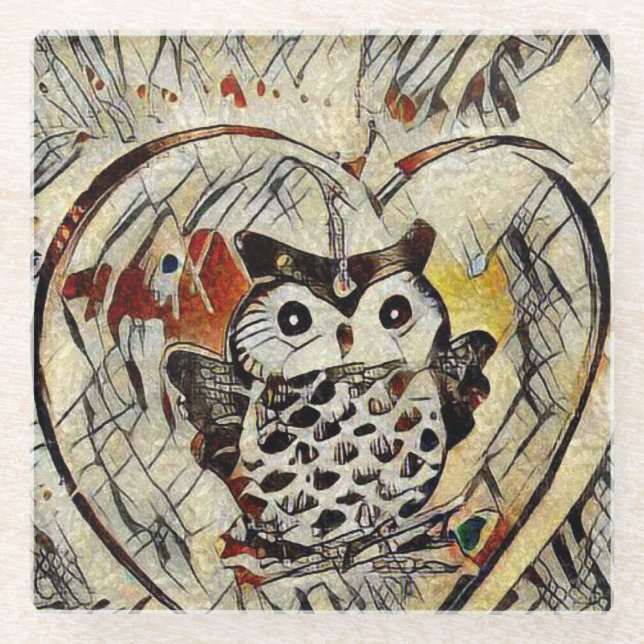 Owl drawing glass coaster (Front)
