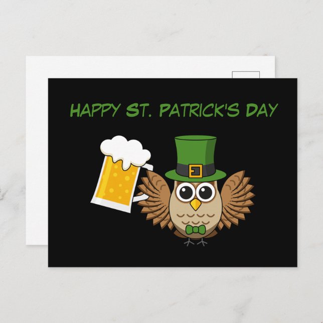 Owl Drinking Beer St Patrick's Day | Personalize Holiday Postcard (Front/Back)