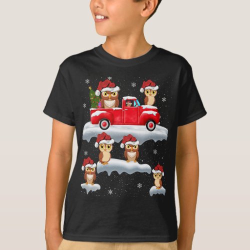 Owl Driving Christmas Tree Red Truck Owl Christmas T_Shirt