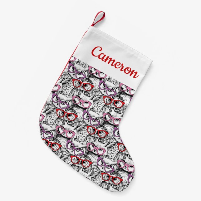 Owl Eyeglasses Pattern | Add Your Name Small Christmas Stocking (Front (Hanging))