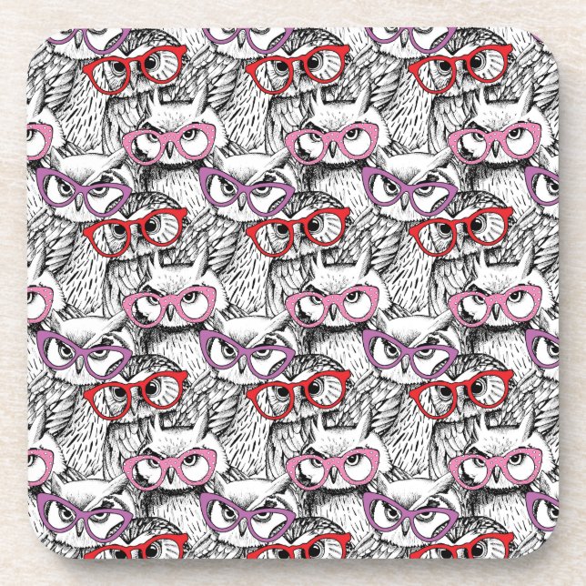 Owl Eyeglasses Pattern Beverage Coaster (Front)