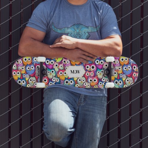 Owl faces birds collage pattern monogram sports skateboard