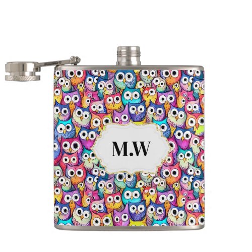 Owl faces cartoon birds monogram initials pub flask