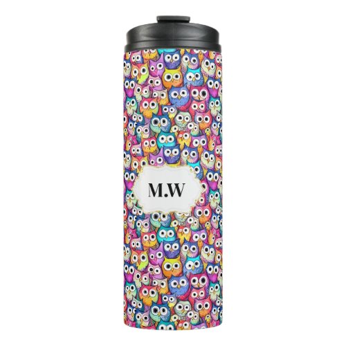 Owl faces cartoon birds monogram initials sports thermal tumbler