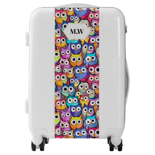 Owl faces cartoon birds monogram initials travel luggage