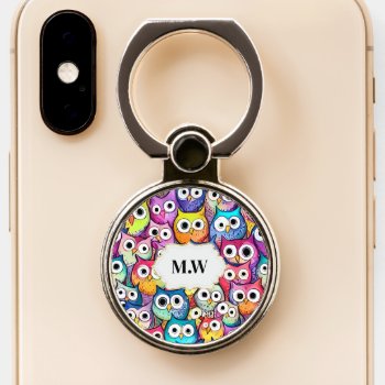 Owl Faces Cartoon Birds Pattern Monogram Cell Phone Ring Stand by petcherishedangels at Zazzle