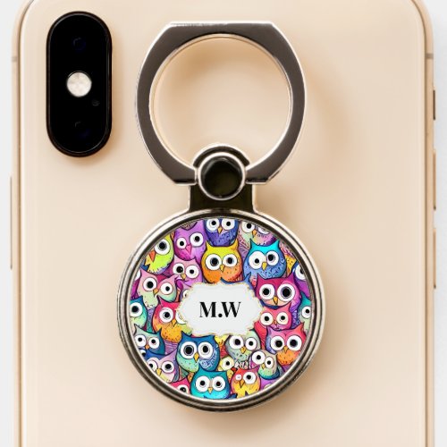 Owl faces cartoon birds pattern monogram cell phone ring stand