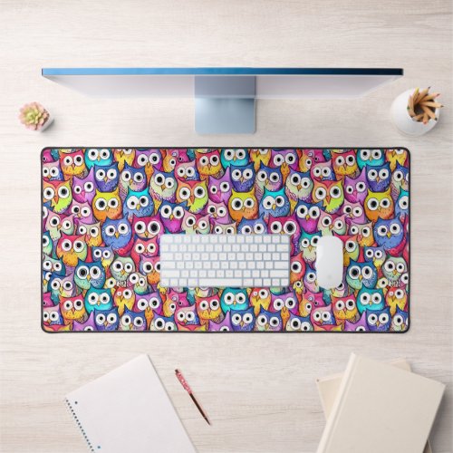 Owl faces cartoon birds pattern monogram desktop desk mat