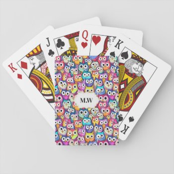 Owl Faces Cartoon Birds Pattern Monogram Games Playing Cards by petcherishedangels at Zazzle