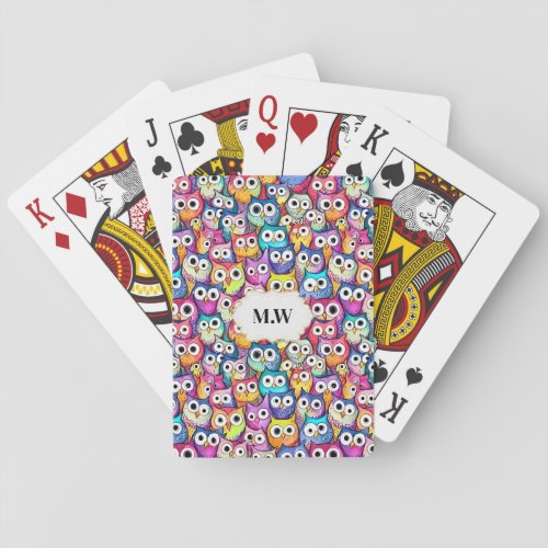 Owl faces cartoon birds pattern monogram games poker cards