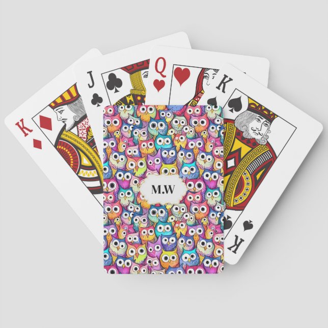 Owl faces cartoon birds pattern monogram games poker cards (Back)