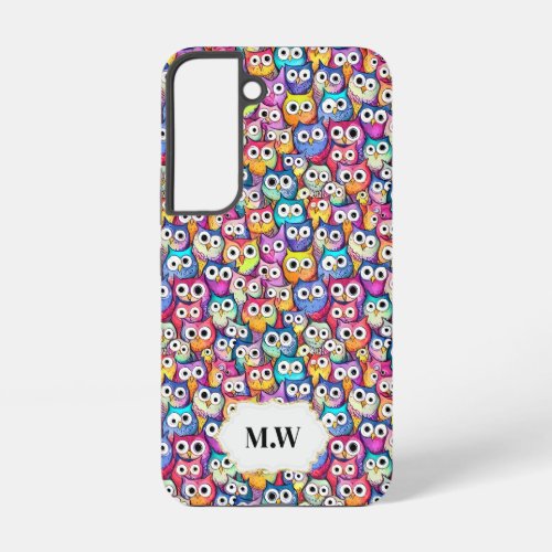 Owl faces cartoon birds pattern monogram initials samsung galaxy s22 case