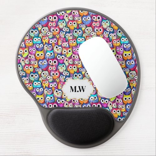 Owl faces cartoon birds pattern monogram school gel mouse pad