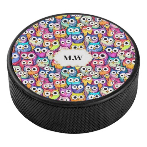 Owl faces cartoon birds pattern monogram sports hockey puck