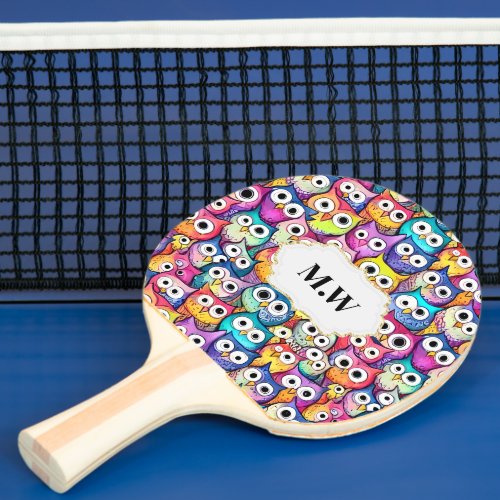 Owl faces cartoon birds pattern monogram tennis ping pong paddle
