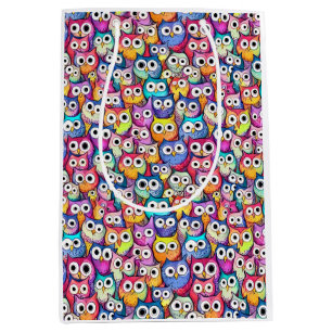 Owl faces cartoon birds pattern raptor bird prey medium gift bag