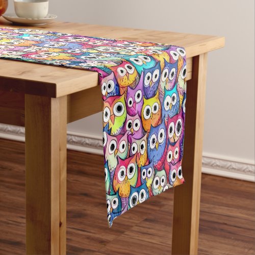 Owl faces cartoon birds pattern whimsical woodland short table runner