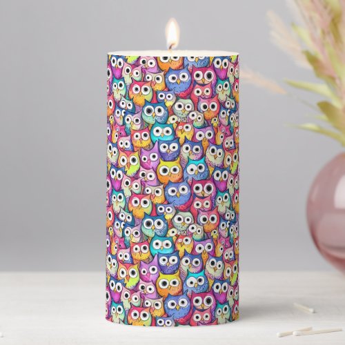 Owl faces cartoon birds whimsical collage pattern pillar candle