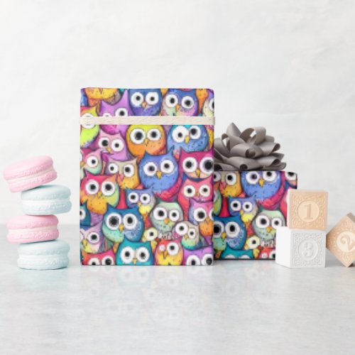 Owl faces cartoon birds whimsical doodle birthday wrapping paper
