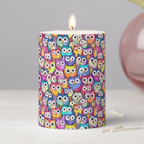 Owl faces cartoon birds whimsical raptor pattern pillar candle