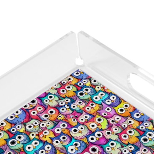 Owl faces cartoon doodle night birds theme pattern acrylic tray