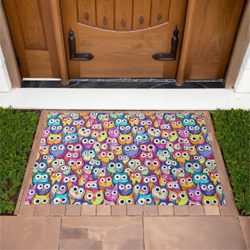 Owl faces cartoon doodle night birds theme pattern doormat