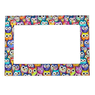 Owl faces cartoon doodle night birds theme pattern magnetic frame