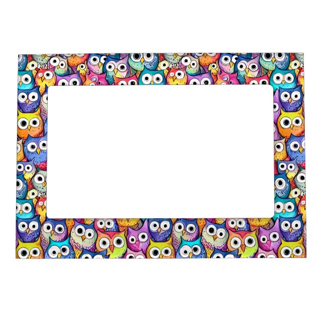 Owl faces cartoon doodle night birds theme pattern magnetic frame (Front)