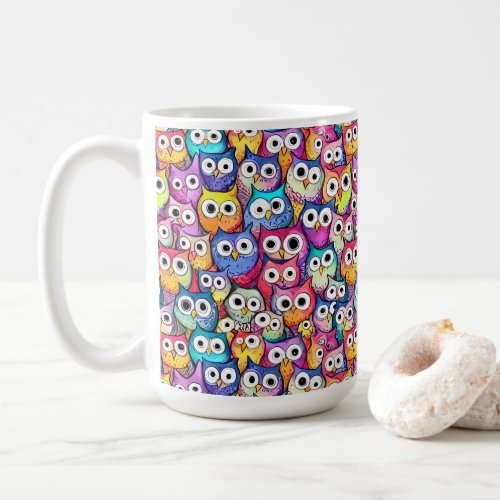 Owl faces cartoon doodle whimiscal birds pattern coffee mug
