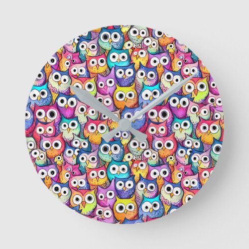 Owl faces cartoon doodle whimiscal birds pattern round clock