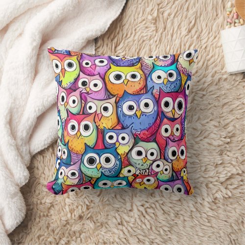 Owl faces cartoon doodle whimiscal cute pattern throw pillow