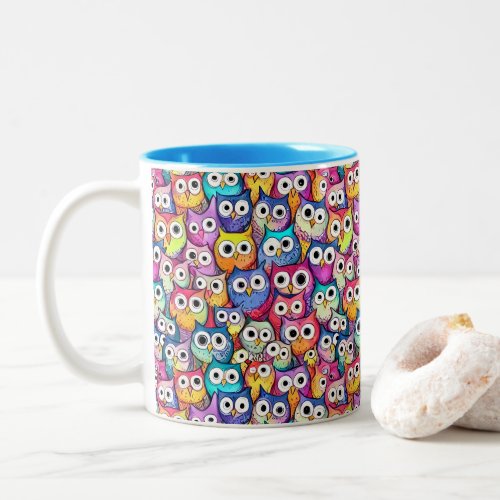 Owl faces cartoon pattern whisical birds fun Two_Tone coffee mug