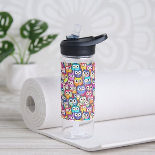 Owl faces collage colorful cartoon birds pattern water bottle