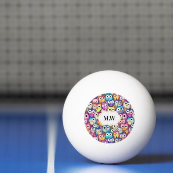 Owl Faces Colorful Birds Pattern Monogram Tennis Ping Pong Ball by petcherishedangels at Zazzle