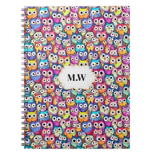 Owl faces colorful woodland birds pattern monogram notebook
