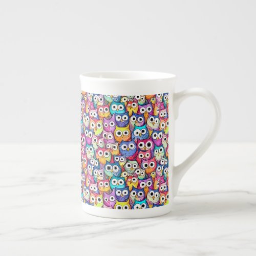 Owl faces cute bird colorful cartoon pattern fun bone china mug