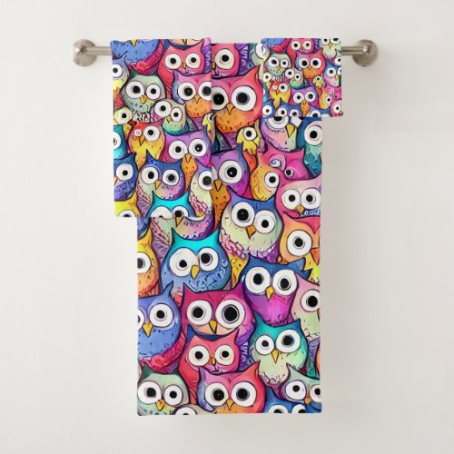 Owl faces cute whimsical woodland birds pattern bath towel set
