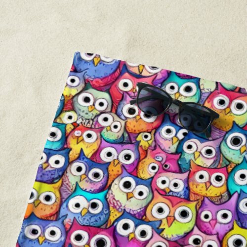 Owl faces cute woodland bird cartoon pattern beach towel