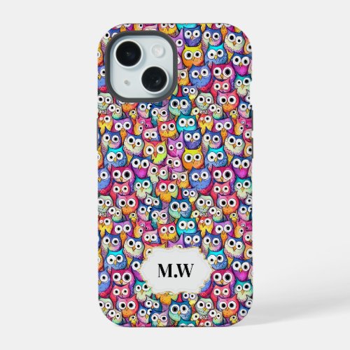 Owl faces doodle birds pattern monogram initials  iPhone 15 case