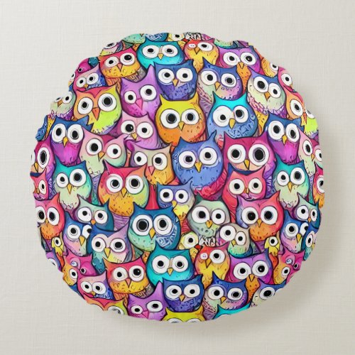 Owl faces doodle pattern cute whimsical birds round pillow