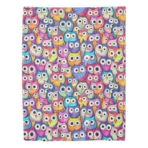 Owl faces pattern doodle collage woodland birds duvet cover