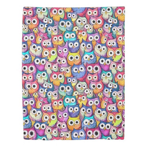 Owl faces pattern doodle collage woodland birds  duvet cover