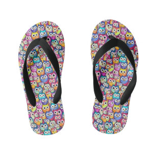 Owl faces whimsical birds pattern monogram cool kid's flip flops