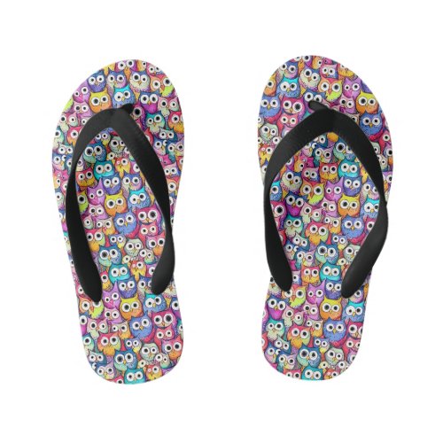 Owl faces whimsical birds pattern monogram cool kids flip flops